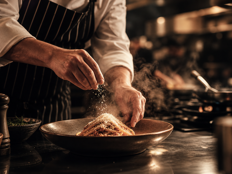 A chef's hands plating pasta in a working kitchen, grated cheese falling, steam rising over a deep ceramic bowl.