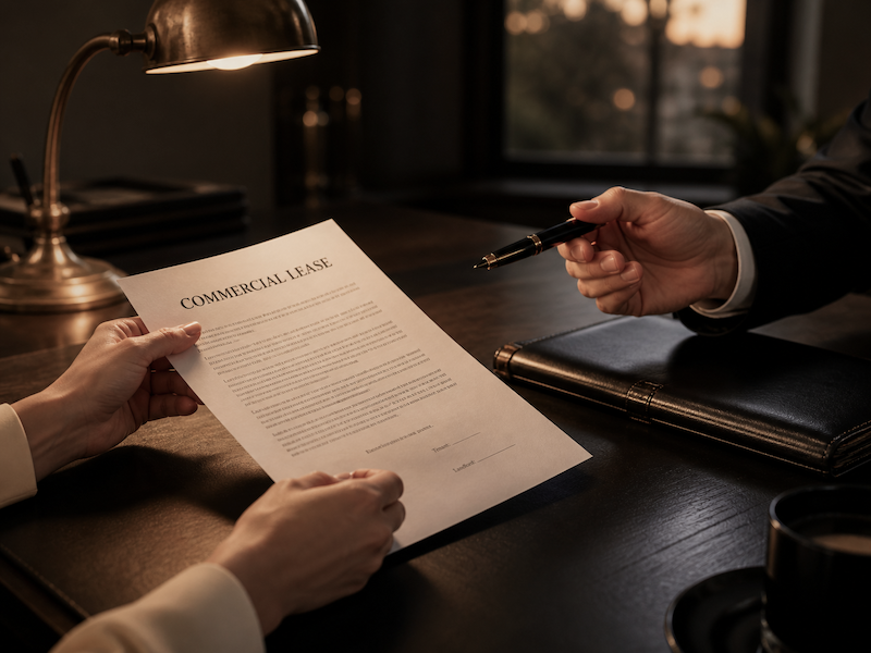 A first-time operator's hands tensely holding a commercial lease across a dark wood desk as a landlord extends a fountain pen toward her, lit by a warm brass lamp at dusk.