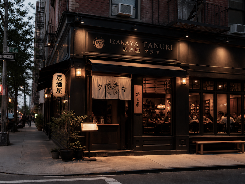 A warmly lit independent restaurant facade at dusk on a Manhattan corner, viewed at a slight angle as if scouting the next location.