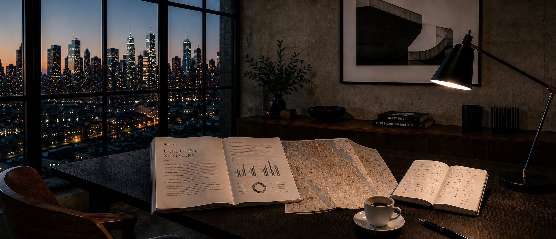 A printed Strado report and a pencil-marked Brooklyn neighborhood map on a smoked-oak desk in a contemporary loft workspace at dusk, with the Manhattan skyline lit through tall windows.